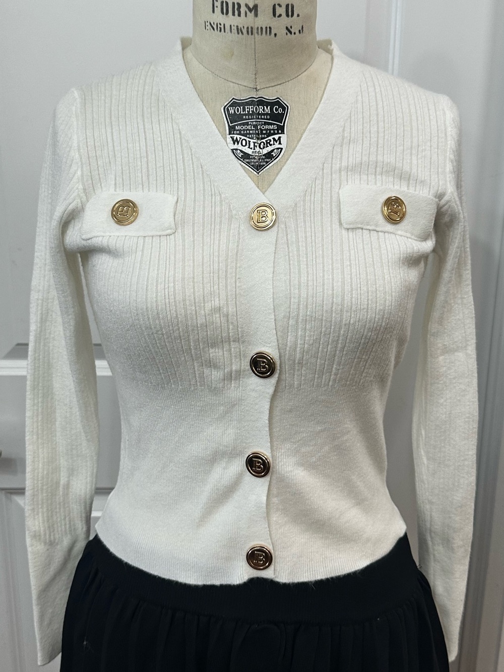 Cream Ribbed V-Neck Button Cardigan Sweater